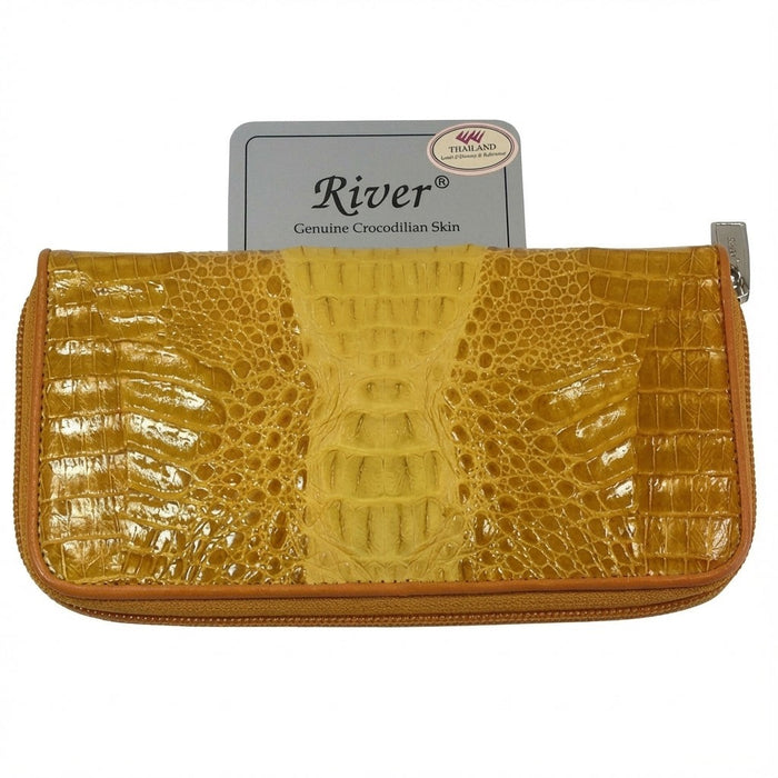 Yellow two-tone genuine crocodile leather women's wallet front view with authenticity card
