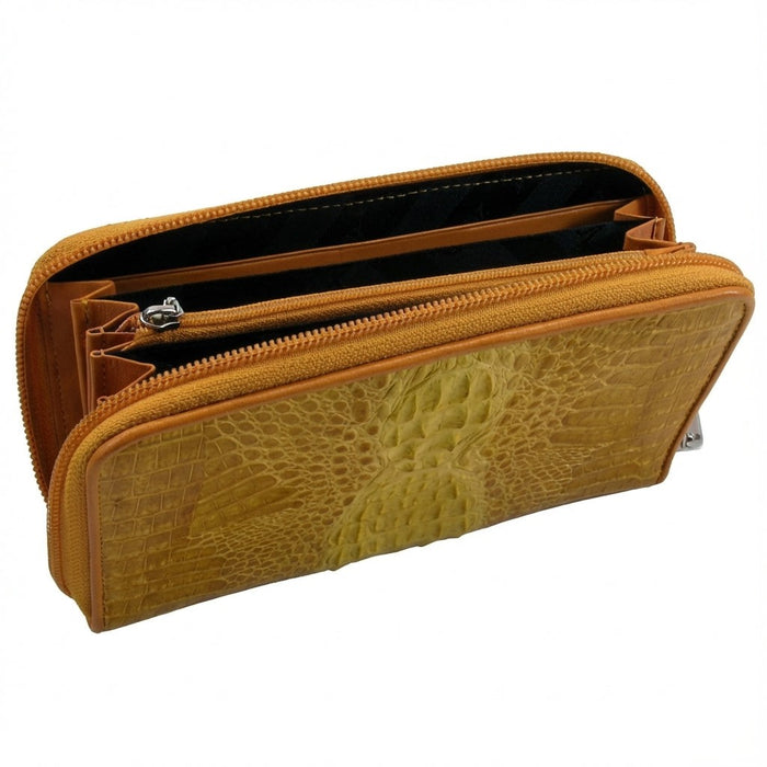 Yellow crocodile zip wallet partially open showing black lined interior and card slots