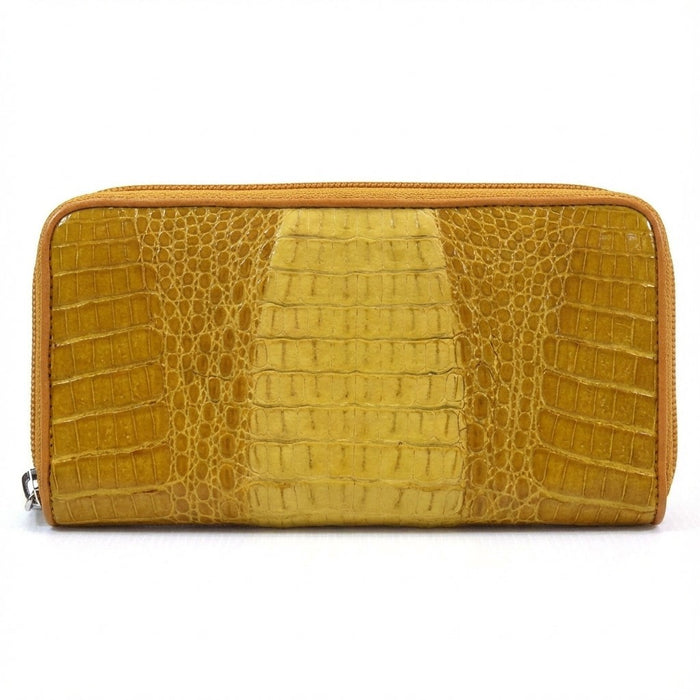 Women's yellow crocodile leather wallet back view showing belly leather texture
