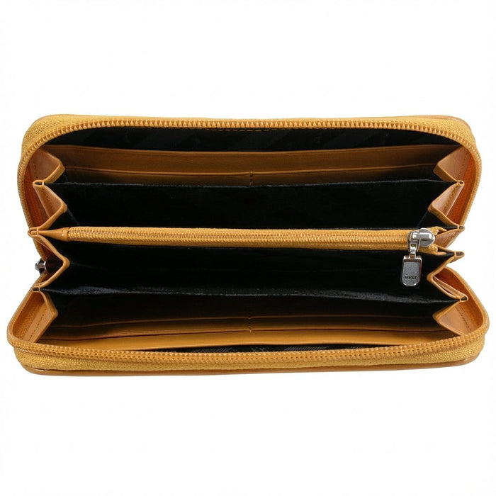 Luxury yellow crocodile zip-around wallet fully open displaying all storage compartments