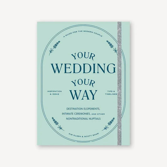 A book cover of 'Your Wedding, Your Way' featuring a title and author name, with a description of the book being a guide for modern weddings. The cover is predominantly teal with white text and decorative elements.