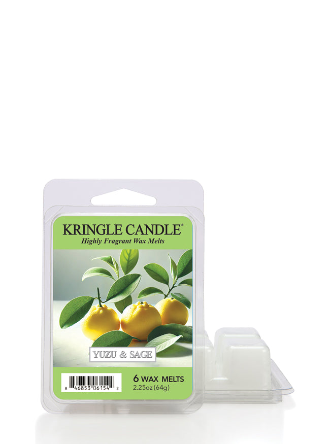Pack of Kringle Candle Yuzu & Sage wax melts with an image of yellow yuzu fruits and green leaves on the label.